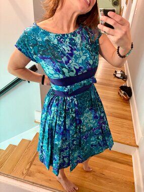 Vintage Early 1960s Mr. Mort Blue Floral Party Dress Satin Waist Fit & Flare